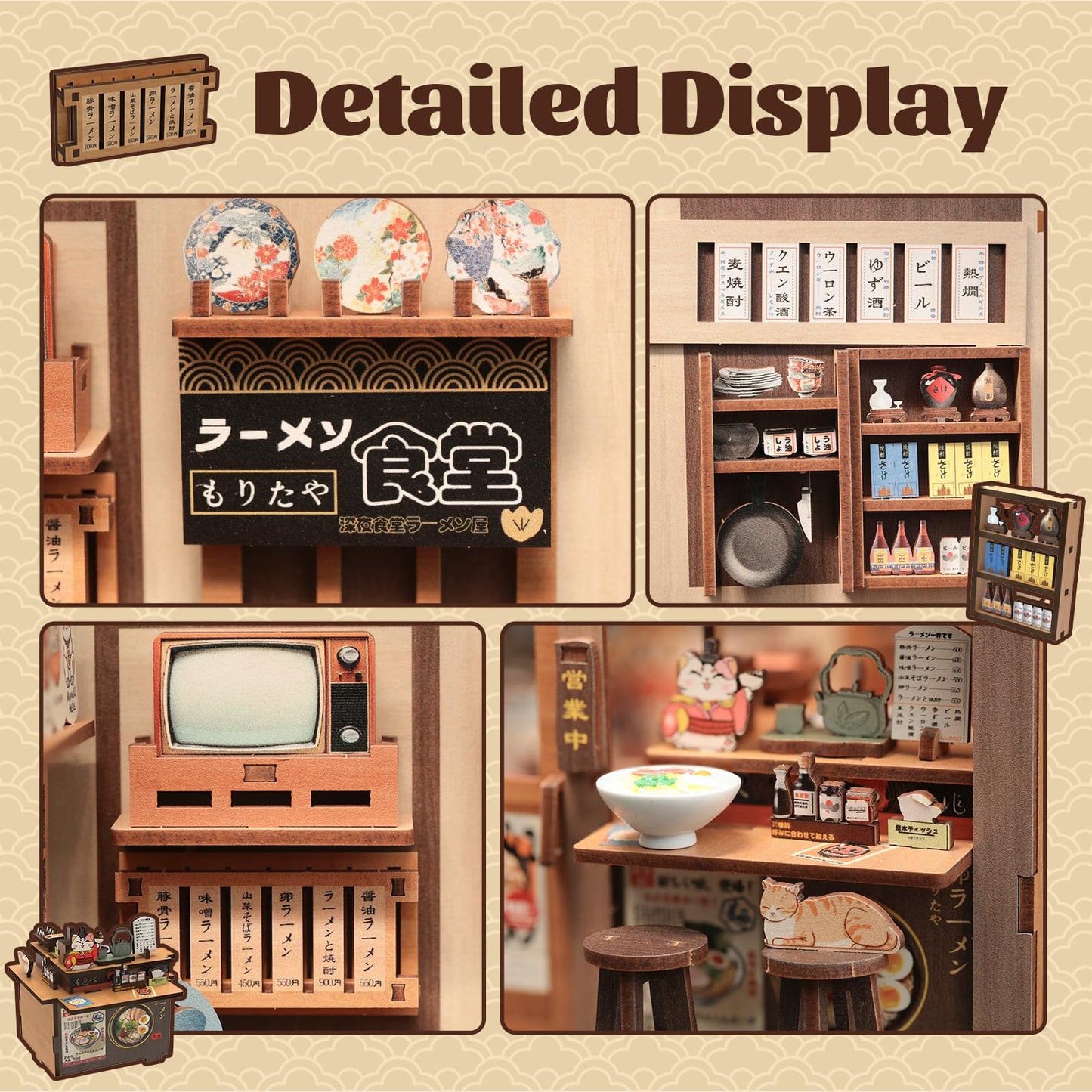 Fsolis Japanese Book Nook Kit - DIY Miniature Scene House Kit, 3D Puzzles for Adults, 220 Wooden Pieces, Tiny House Mini Booknook Craft Shelf Decor, Gifts for Women Model Lovers (Morita-Ya Ramen)