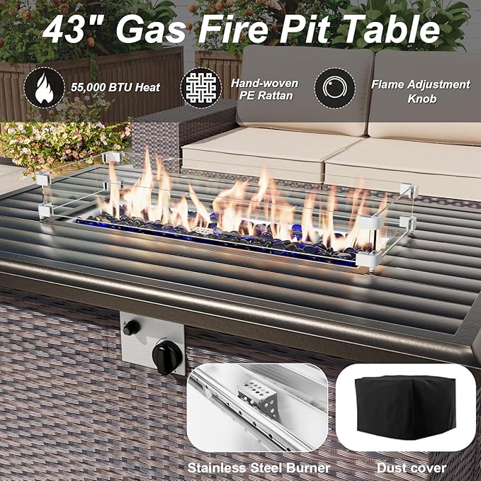 ALAULM 15 Pieces Outdoor Patio Furniture Set with Propane Fire Pit Table Outdoor Sectional Sofa Sets Patio Furniture 43" Gas Fire Pit Brown PE Rattan Patio Conversation Set w/12 Cushions-Red