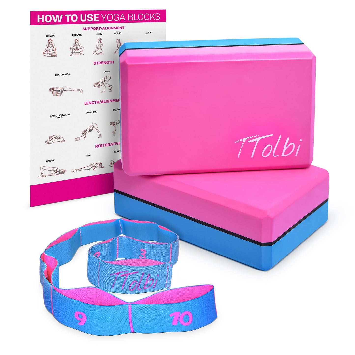 Yoga Blocks 2 Pack Set with Dance Stretch Band & Guide: Non-Slip EVA Foam Block - Ideal Stretching Equipment for Home Workouts, Pilates, Dance, Ballet, Gymnastics, Exercise - Stretch Strap Stuff Props
