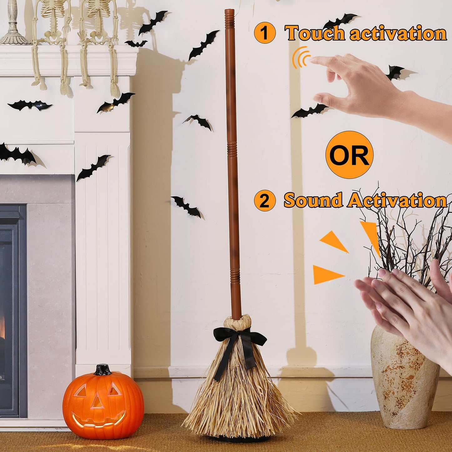 Halloween Decoration- 43.5 Inches Tall Animated Floating Witch's Broom –Haunted Dancing Broom for Indoor Party Home Floor Decor