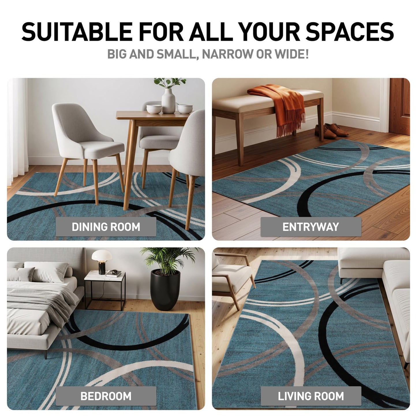 Rugshop Modern Wavy Circles Design Area Rug, Fade-Resistant Carpet for Living Room, Bedroom, or Dining Room, Blue, 5'3" x 7'3"