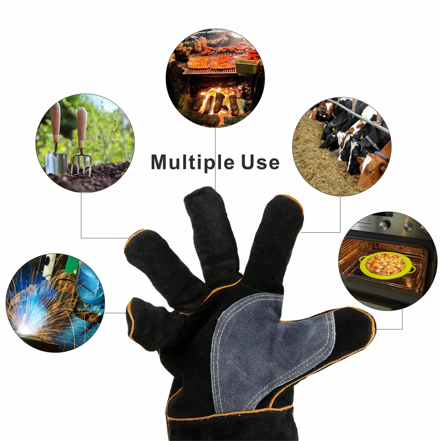 Kim Yuan Extreme Heat & Fire Resistant Gloves Leather with Kevlar Stitching,Perfect for Fireplace, Stove, Oven, Grill, Welding, BBQ, Mig, Pot Holder, Animal Handling, Black-Grey 16in/40cm 1 Pair