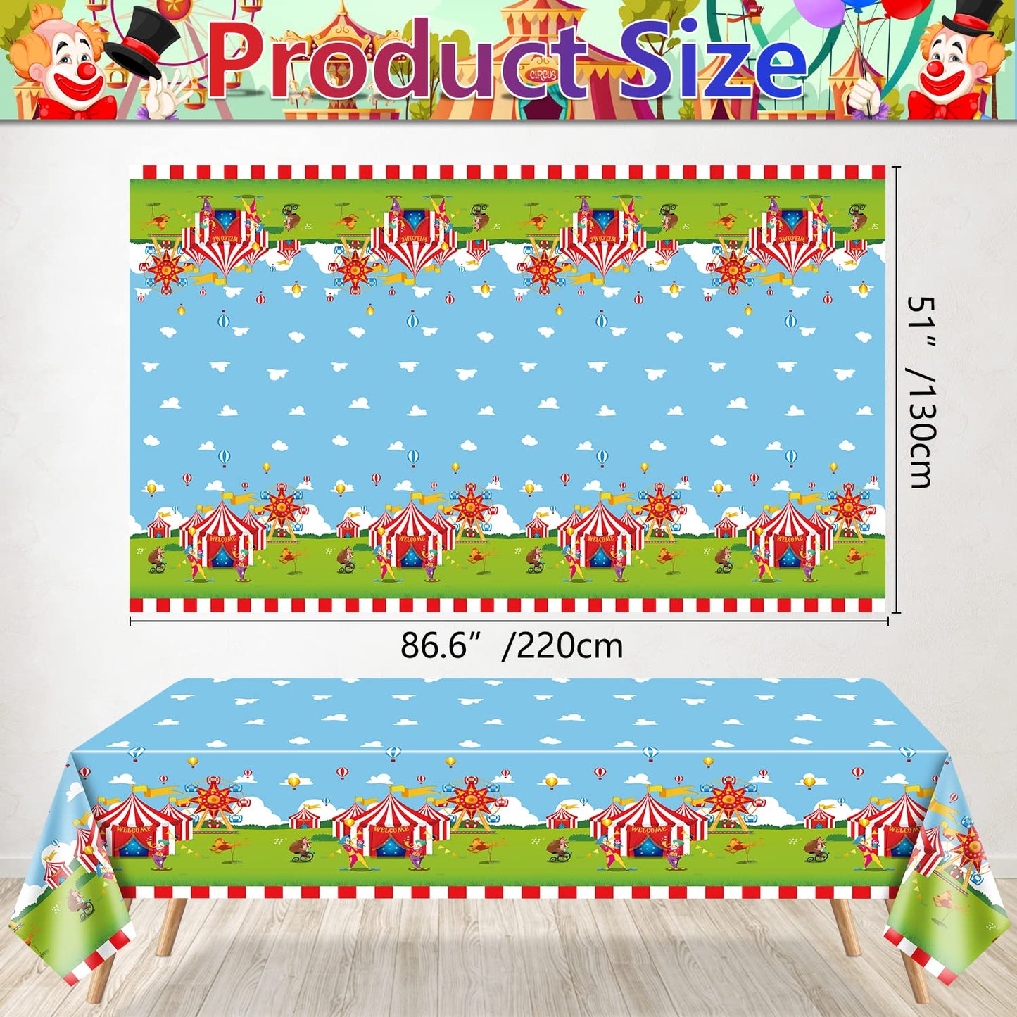 QUERICKY 2 Pack Circus Theme Tablecloths, 220x130cm Carnival Rectangle Table Cover, Red and White Striped Table Cloth for Kids Birthday Party, Circus Carnival Party Decorations Supplies