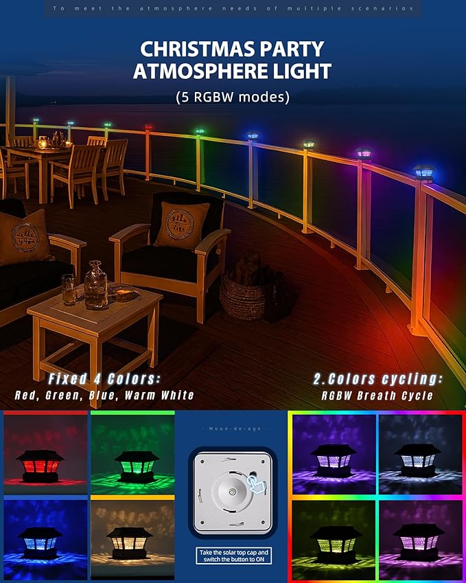 Deck Post Lights Solar Powered, RGB Solar Post Light for Fence, Waterproof Outdoor LED Cap Lights, 4x4 Wood Posts, 50 Lumens (4 Pack)