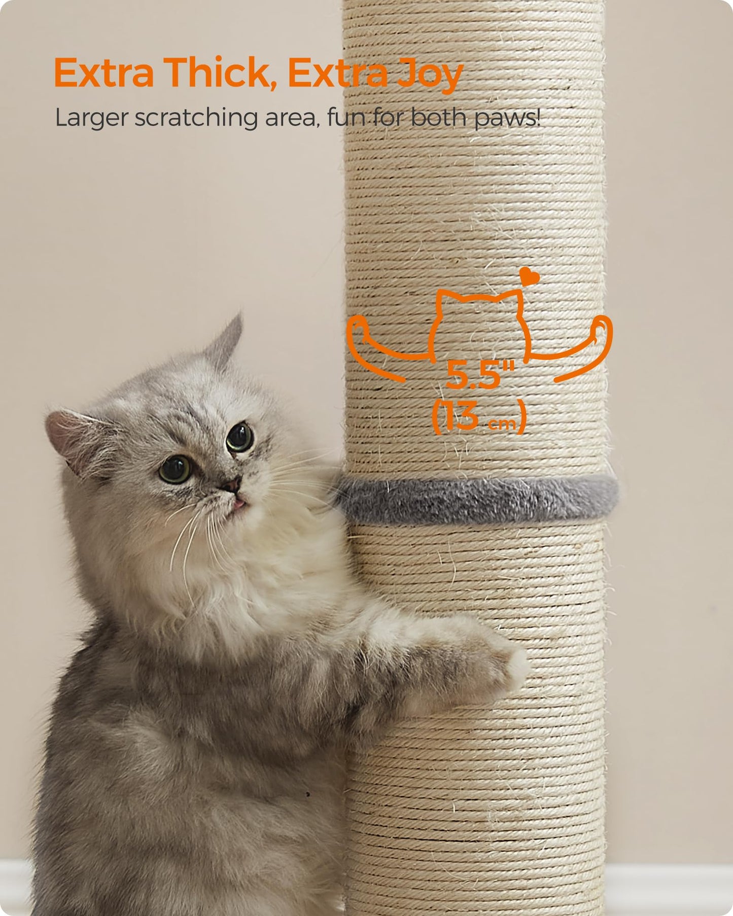 Feandrea Cat Scratching Post, 85 cm Tall Cat Scratcher for Medium and Large Cats, Furniture Scratching Deterrent Sisal Scratch Pole, Spring Pompom with Built-in Bell, Dove Grey PCA041G01