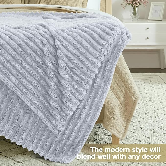 decorUhome Soft Fleece Light Grey Twin Blanket for Bed, Cozy Fluffy Plush Flannel Striped Throws for Couch Sofa, Lightweight Decorative Ribbed Fuzzy Blanket for Woman, 60x80 Inches