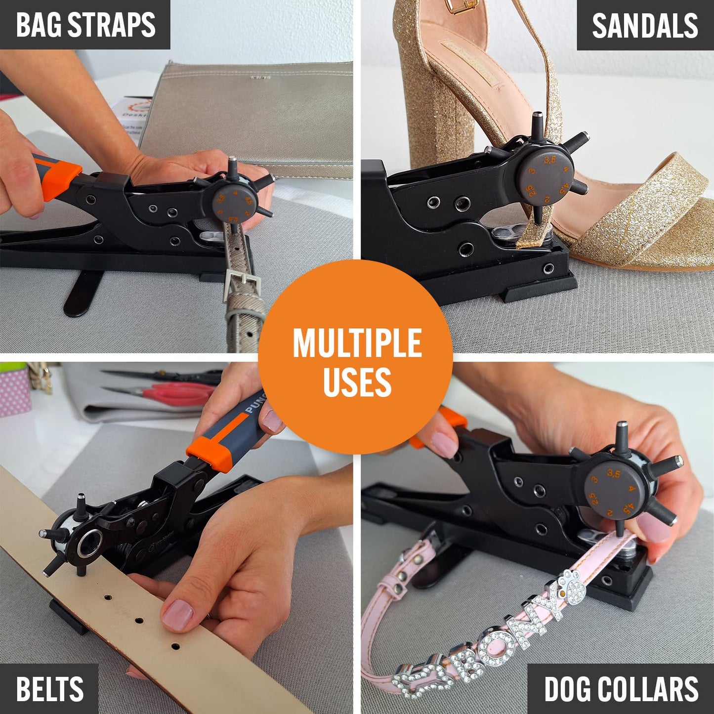 Desktop Leather Belt Hole Puncher Tool - Easier to Use Tabletop Design for Watch Band, Handbag Strap. Heavy Duty Carbon Steel, Precision 6 Sizes Hole Punch for Fabric, Crafts, Easy DIY