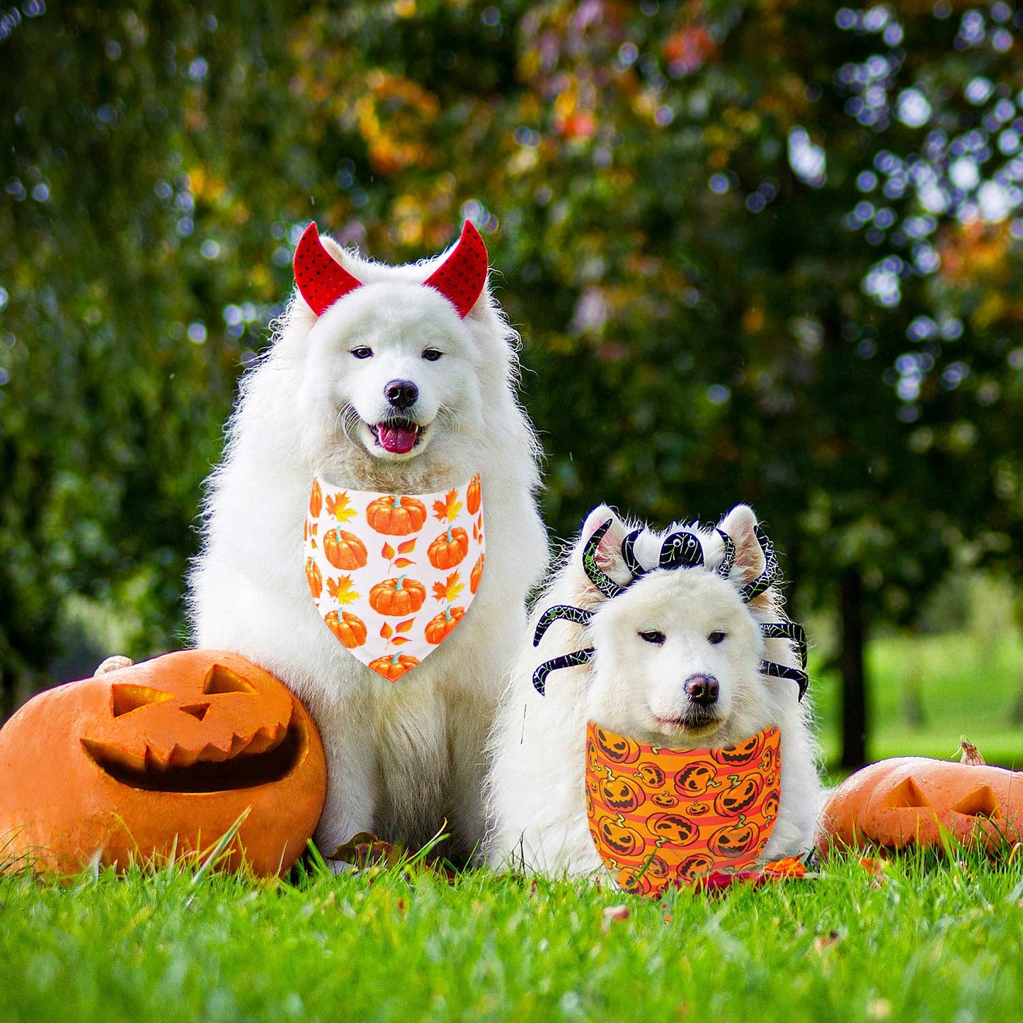 Whaline 4 Pack Fall Dog Bandanas Reversible Halloween Triangle Bibs Pumpkin Ghost Bat Pet Scarf Thanksgiving Washable Cotton Pet Neckerchief for Medium Large Pets Cats Dogs