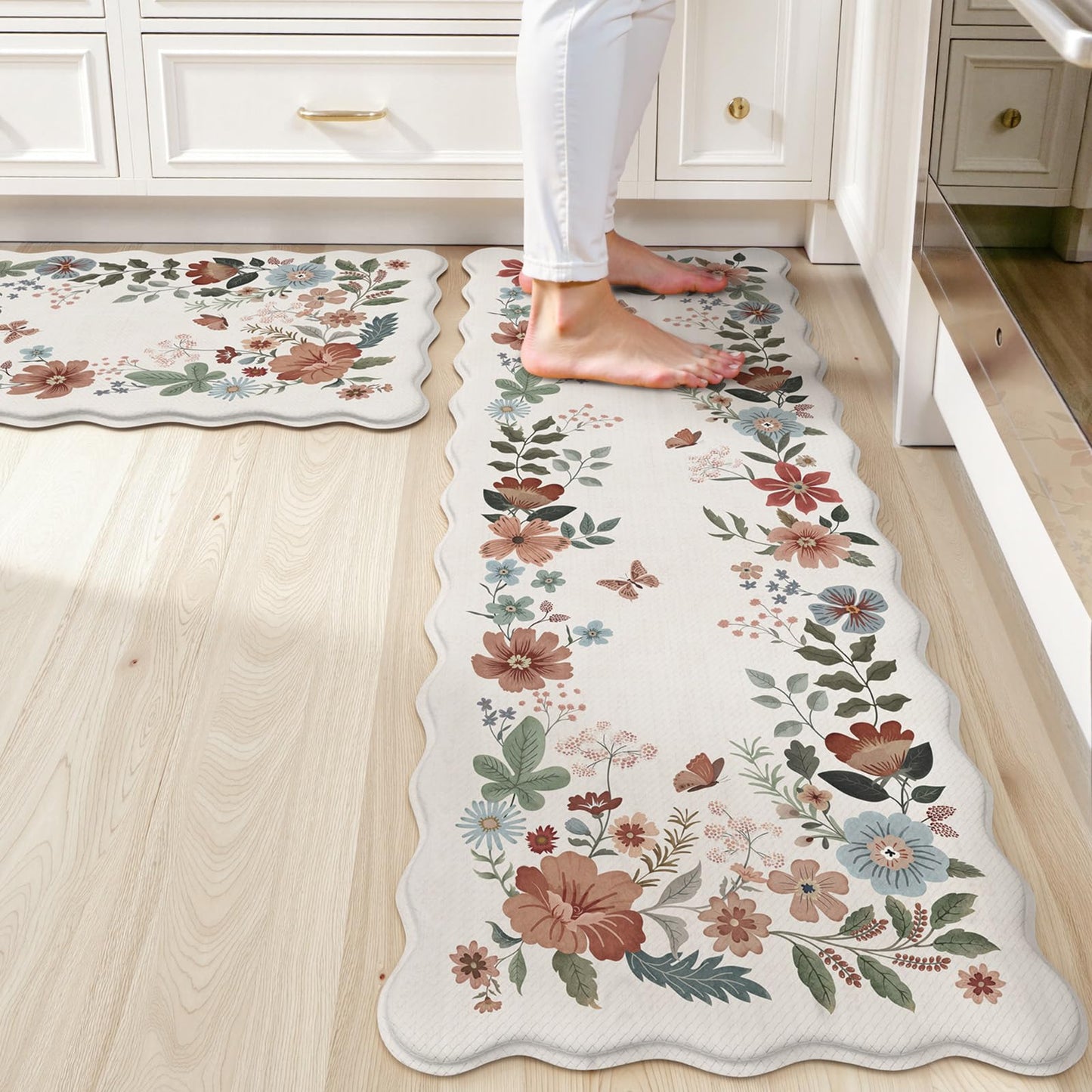 Collive Kitchen Mats Cushioned Anti Fatigue, Scalloped Waterproof Kitchen Floor Mat Beige Sink Rug 2 Piece Non Slip, Comfort Desk Standing Rugs for Bedroom, Office, Laundry