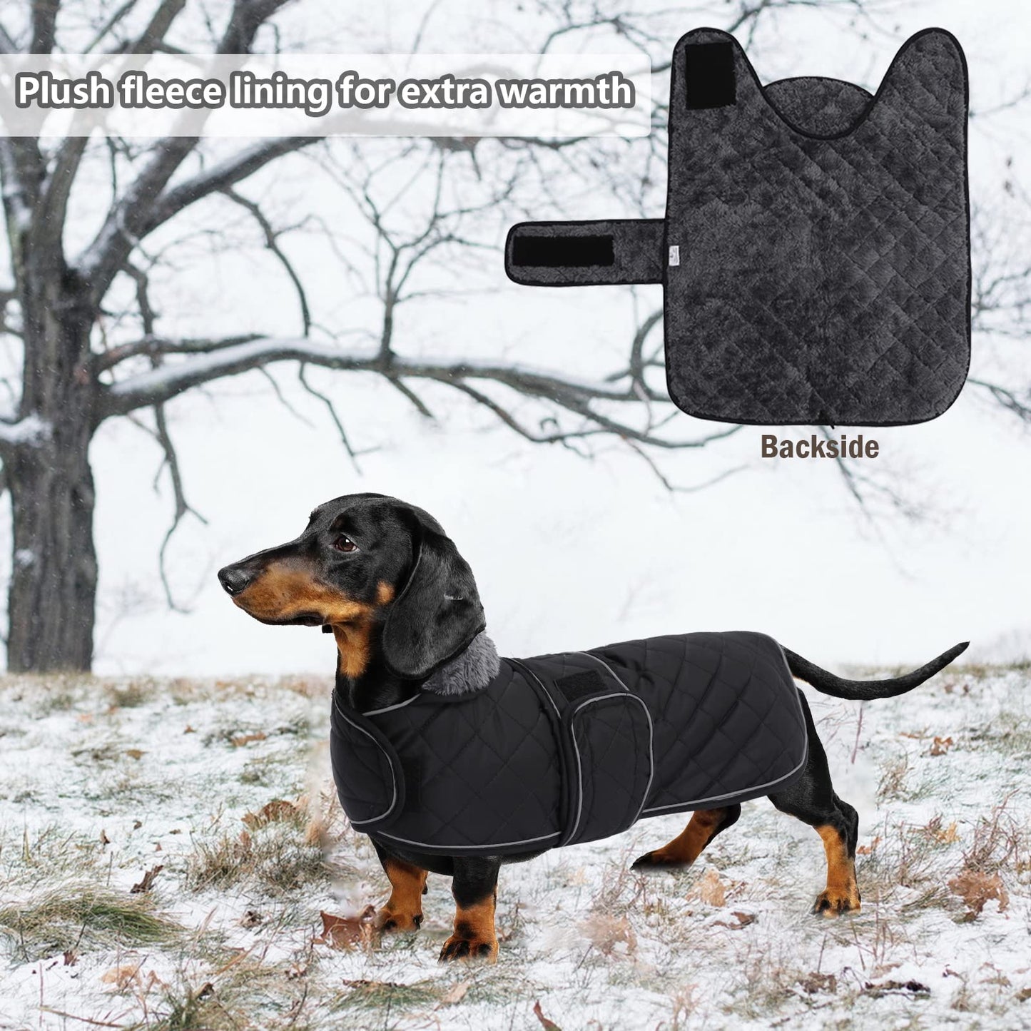 Warm Thermal Quilted Dachshund Coat, Dog Winter Coat with Warm Fleece Lining, Outdoor Dog Apparel with Adjustable Bands-Black-S