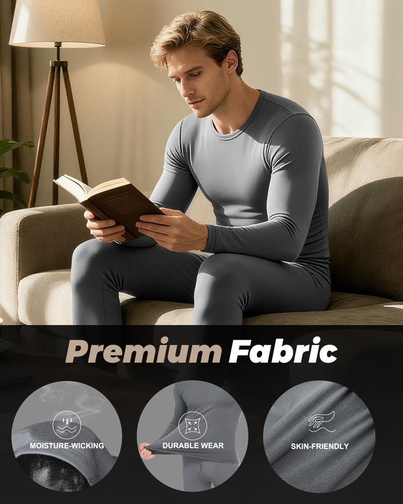 WEERTI Thermal Underwear for Men Long Johns with Fleece Lined Base Layer Men Cold Weather Top Bottom-Grey M