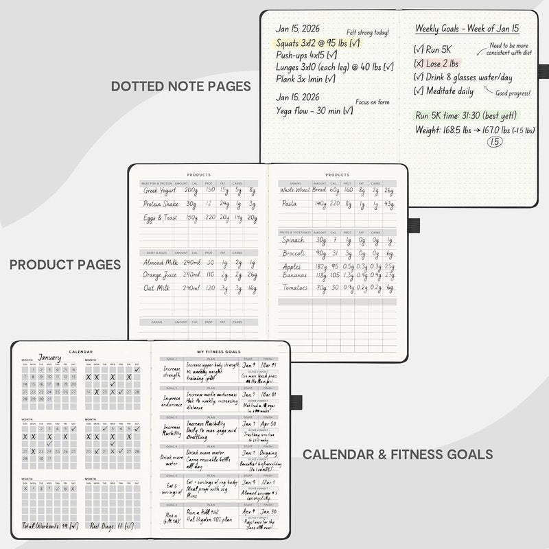 Workout and Food Journal - Fitness Tracker & Exercise Log Book | A5 Size, Leather Hardcover (Black)
