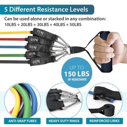 Beenax Resistance Bands Set with Handles - Heavy Duty 12pcs Exercise Bands, Up to 100/150/200/250 LBS - Fitness Training Tubes for Home, Gym, Physio - Handles, Ankle Straps, Door Anchor, Carry Bag