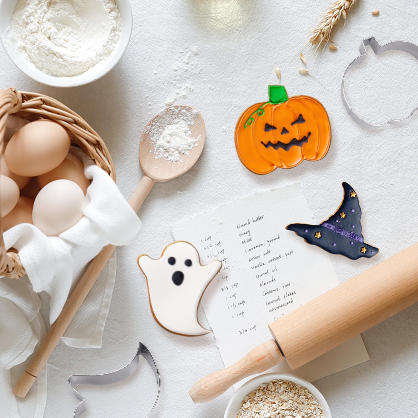 FUSOTO Halloween Cookie Cutters, 6 Pcs Holiday Cookie Cutters Halloween Shapes - Spider, Pumpkin, Bat, Cat, Ghost, Witch Hat for Cookie Baking