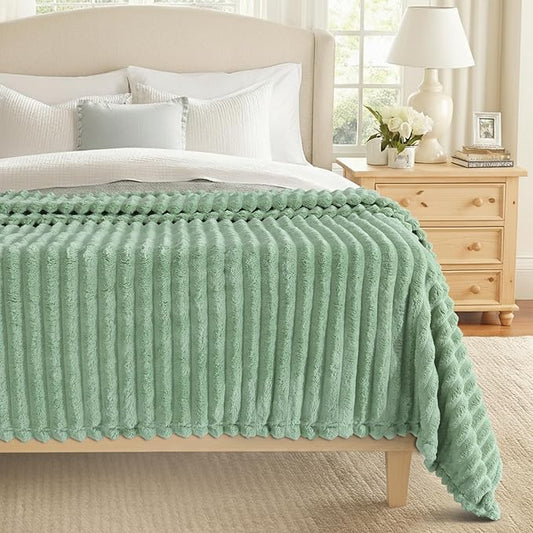 decorUhome Soft Fleece Sage Green Blanket Queen Size for Bed, Cozy Fluffy Plush Flannel Large Striped Throws for Couch Sofa, Lightweight Decorative Fuzzy Blanket for Woman, 90x90 Inches