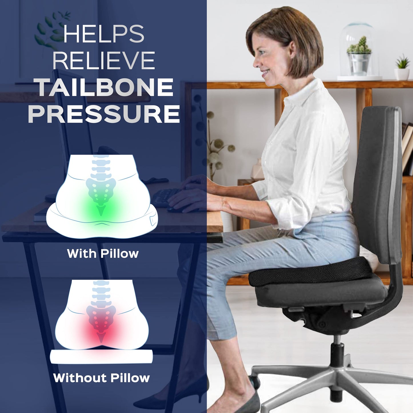 bonmedico Memory Foam Seat Cushion for Office Chair - Non-Slip, Seat Pads for Coccyx Pain Relief to Support Standing - Portable Car Seat Cushion w/Handle for Lower Back Support