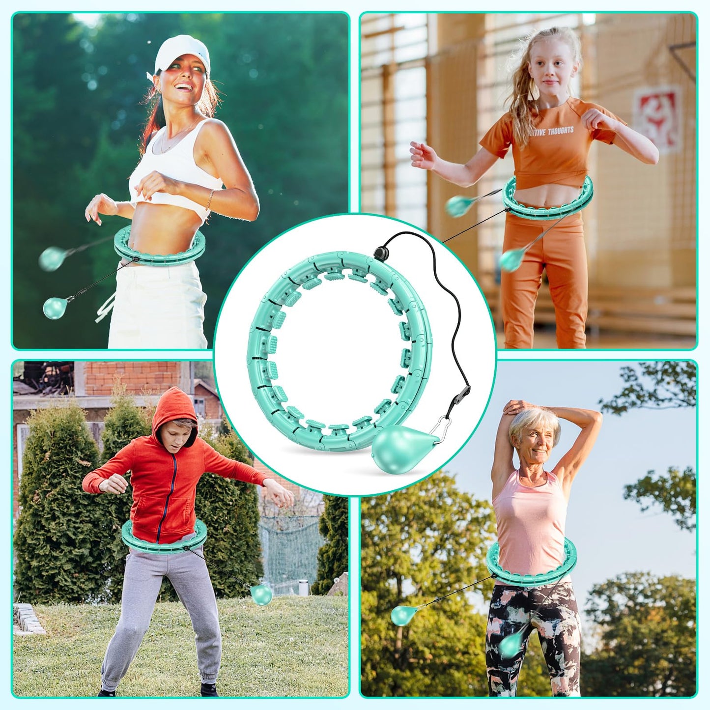 APzek 32 Knots Weighted Exercise Hoop Detachable & Adjustable for All People, No Falling Plus Size Smart Huula Hoop, 2 in 1 Abdomen Fitness Massage with Spinning Ball - Green