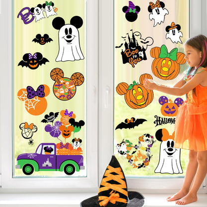 Mouse Themed Halloween Window Decals - 9 Sheets of Removable Pumpkin & Ghost Stickers for Glass Windows