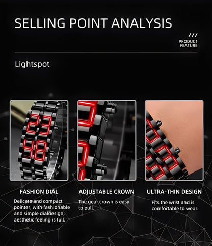 Fashion Full Metal Digital Lava Wrist Watch Men LED Display Watches Gifts for Male Female Sport Creative Watch (Black Red)
