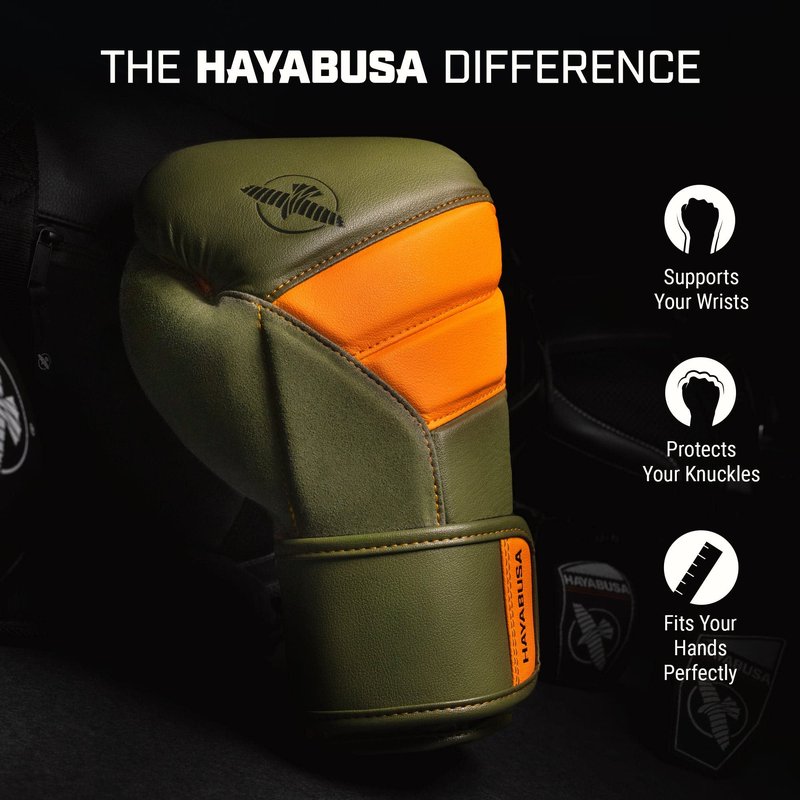 Hayabusa T3 Boxing Gloves for Men and Women Wrist and Knuckle Protection, Dual-X Hook and Loop Closure, Splinted Wrist Support, 5 Layer Foam Knuckle Padding - Green/Orange, 14oz