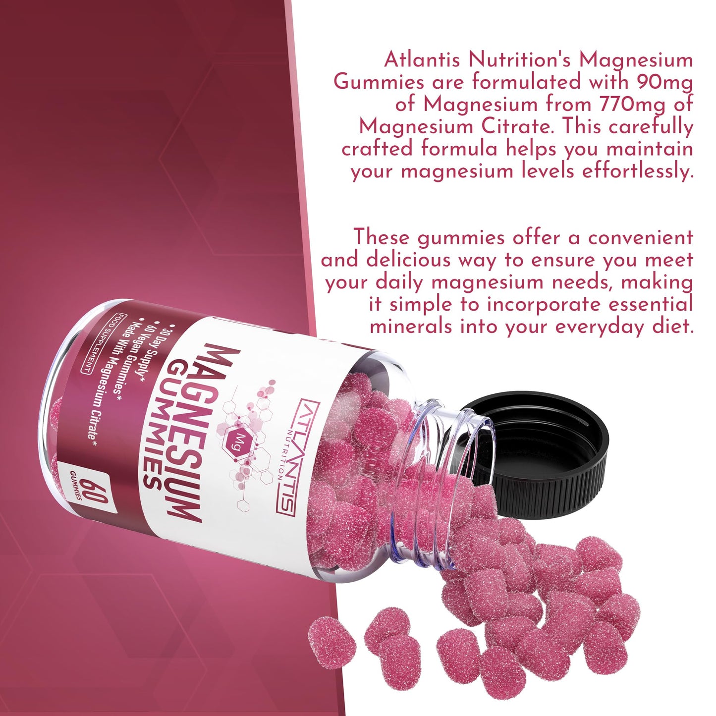 Magnesium Gummies - 770 MG Magnesium Citrate - Promotes Calmness & Improves Sleep. Helps Muscles Recover & Relieves Cramps - 60 Vegan Gummies