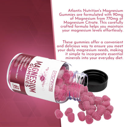 Magnesium Gummies - 770 MG Magnesium Citrate - Promotes Calmness & Improves Sleep. Helps Muscles Recover & Relieves Cramps - 60 Vegan Gummies