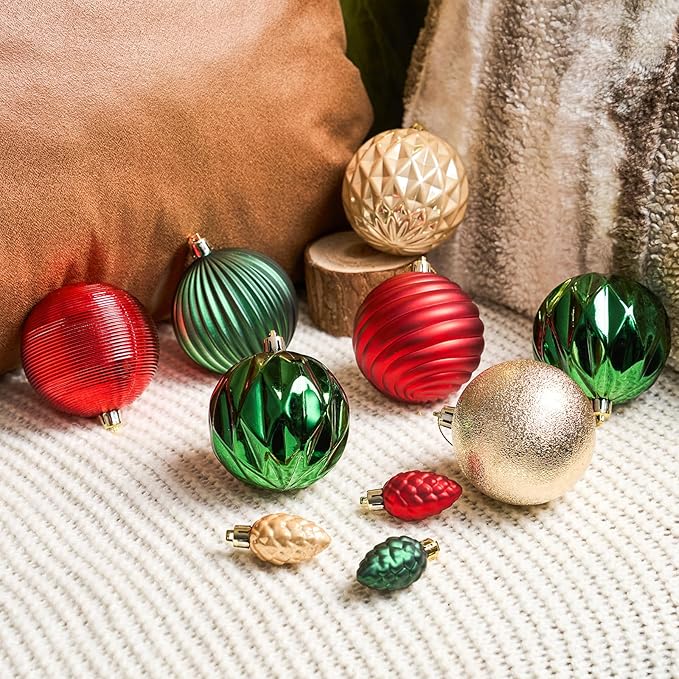 JORNOY Christmas Tree Ornaments, 3.12inch/80mm Shatterproof Ornaments for Christmas Tree Set - Plastic Decorative Hanging Balls Ornaments for Xmas Tree Decorations, 32ct (Red & Green & Gold)