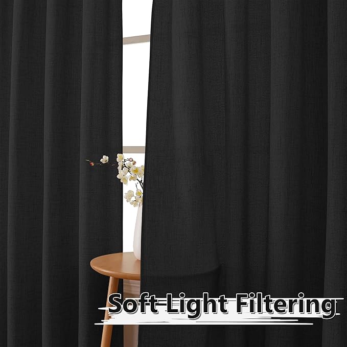 Tollpiz Short Linen Curtain Bedroom Rod Pocket Semi Sheer Curtains Burlap Light Filtering Thick Linen Drape for Living Room, 38 x 54 inches Long, Black, Set of 2 Panels