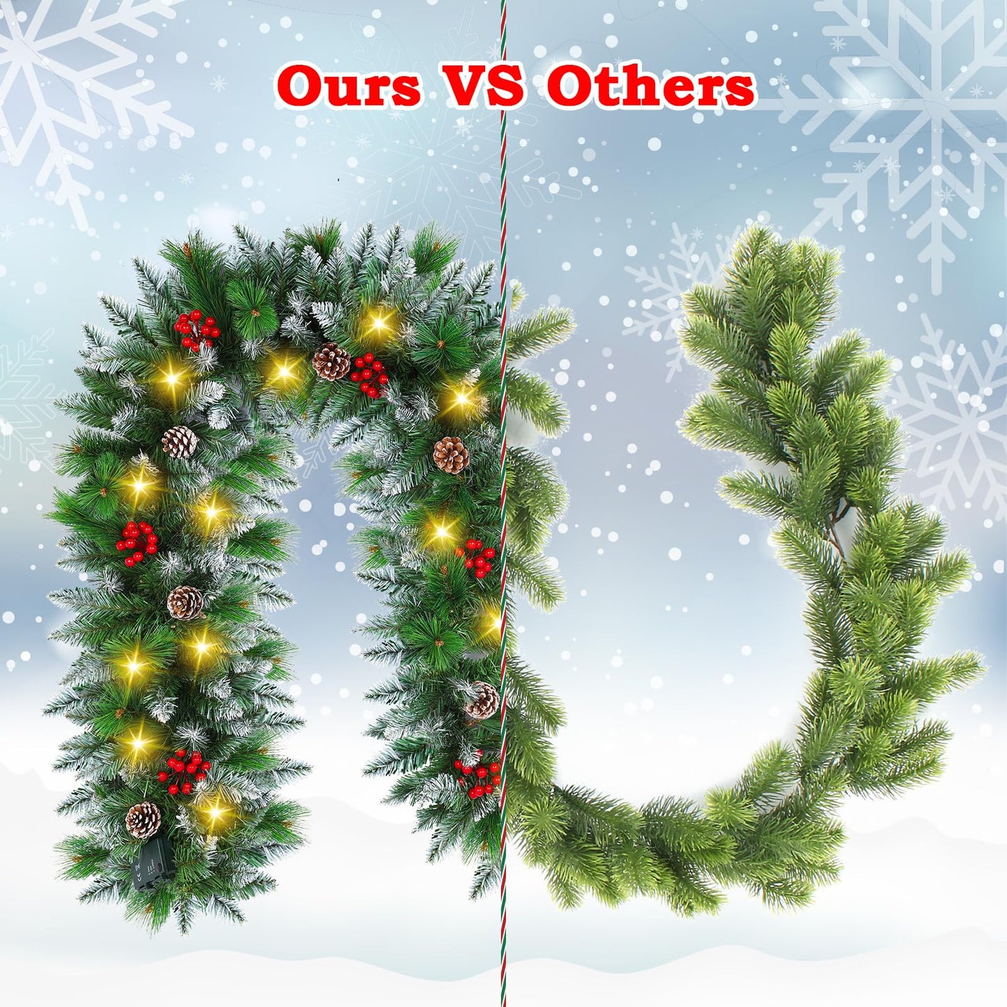 Christmas Garland with Lights - 9FT Pre-Lit Flocked Garland with 30 LED Bulbs, Red Berries, Pine Cones, Artificial Pine Battery Operated Garland for Fireplace, Staircase, Indoor & Outdoor Decoration