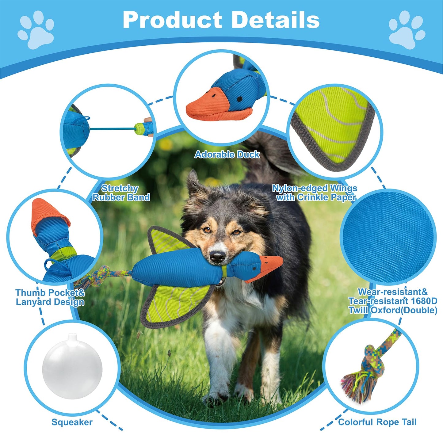 QPAWS 16.93 Inch Duck Slingshot Flying Dog Toy with Rope, Oxford Squeaky Crinkle Chew Toy for Fetch Training, Interactive Durable Toy for Medium Large Dogs