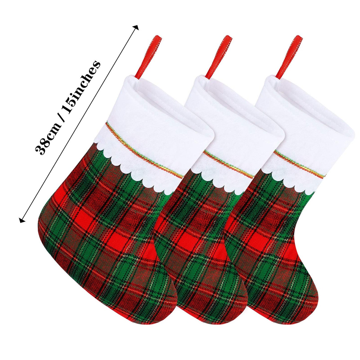 URATOT 12 Pack 15 Inches Christmas Stockings Red and Green Plaid Pattern Felt Christmas Holiday Stockings Christmas Tree Hanging Ornaments Xmas Fireplace Decoration Set