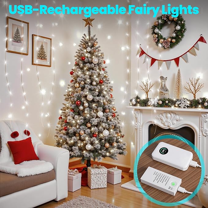 Mlambert LED Fairy Lights Battery Operated with Timer, Rechargeable Mini Twinkle Lights for Christmas Decor Holiday Party, 32.8FT(16.4x2), Cool White