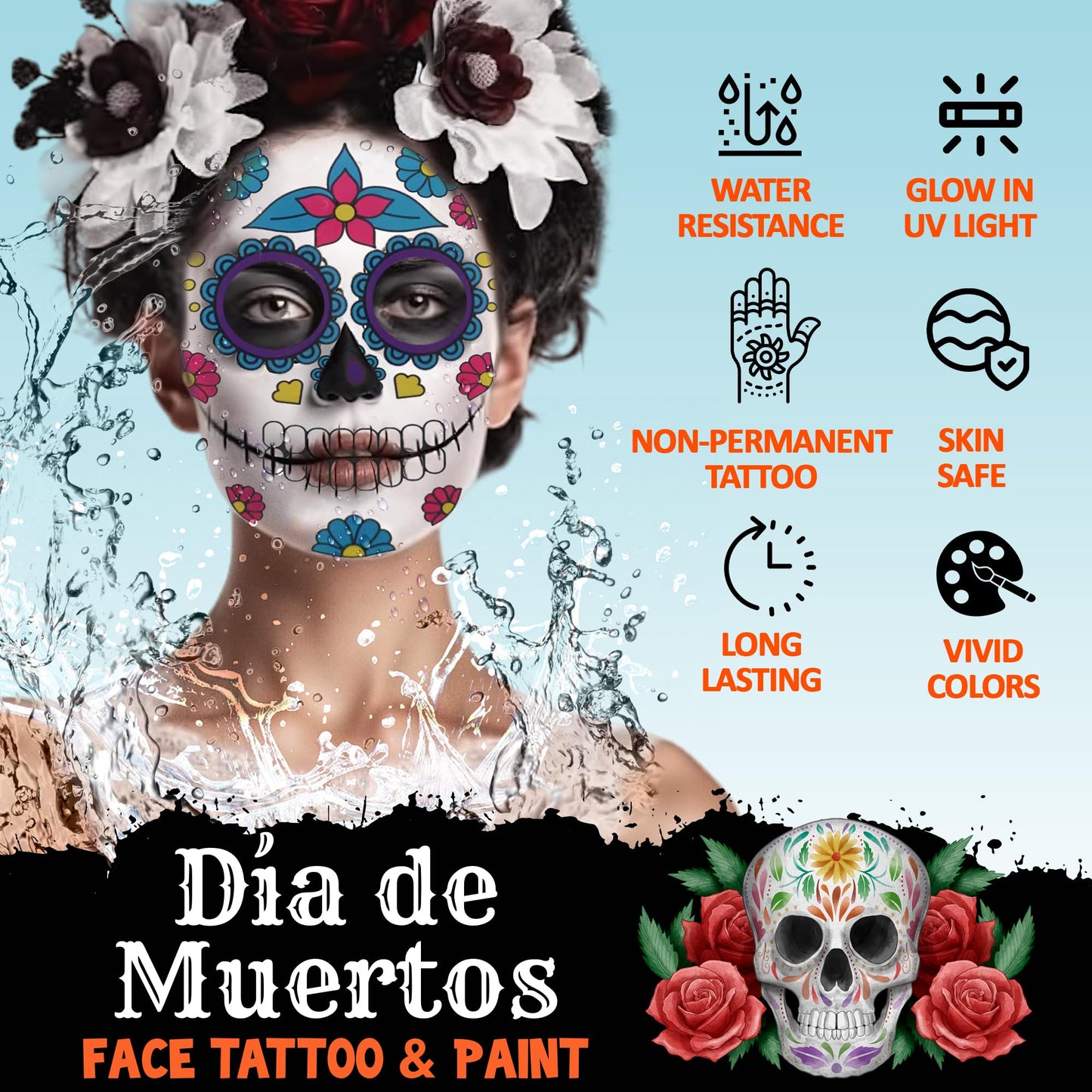 Jim&Gloria Black and White Face Paint with Brush, Waterproof Day of the Dead Tattoo Professional SFX Makeup Kit for Joker, Clown, Mime, Cosplay, Costume Skull Skeleton, Sports Body Painting Set