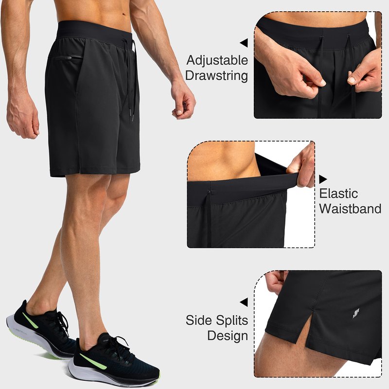 Soothfeel Men's Running Shorts with Zipper Pockets 7 Inch Lightweight Quick Dry Gym Athletic Workout Shorts for Men (Black, M)