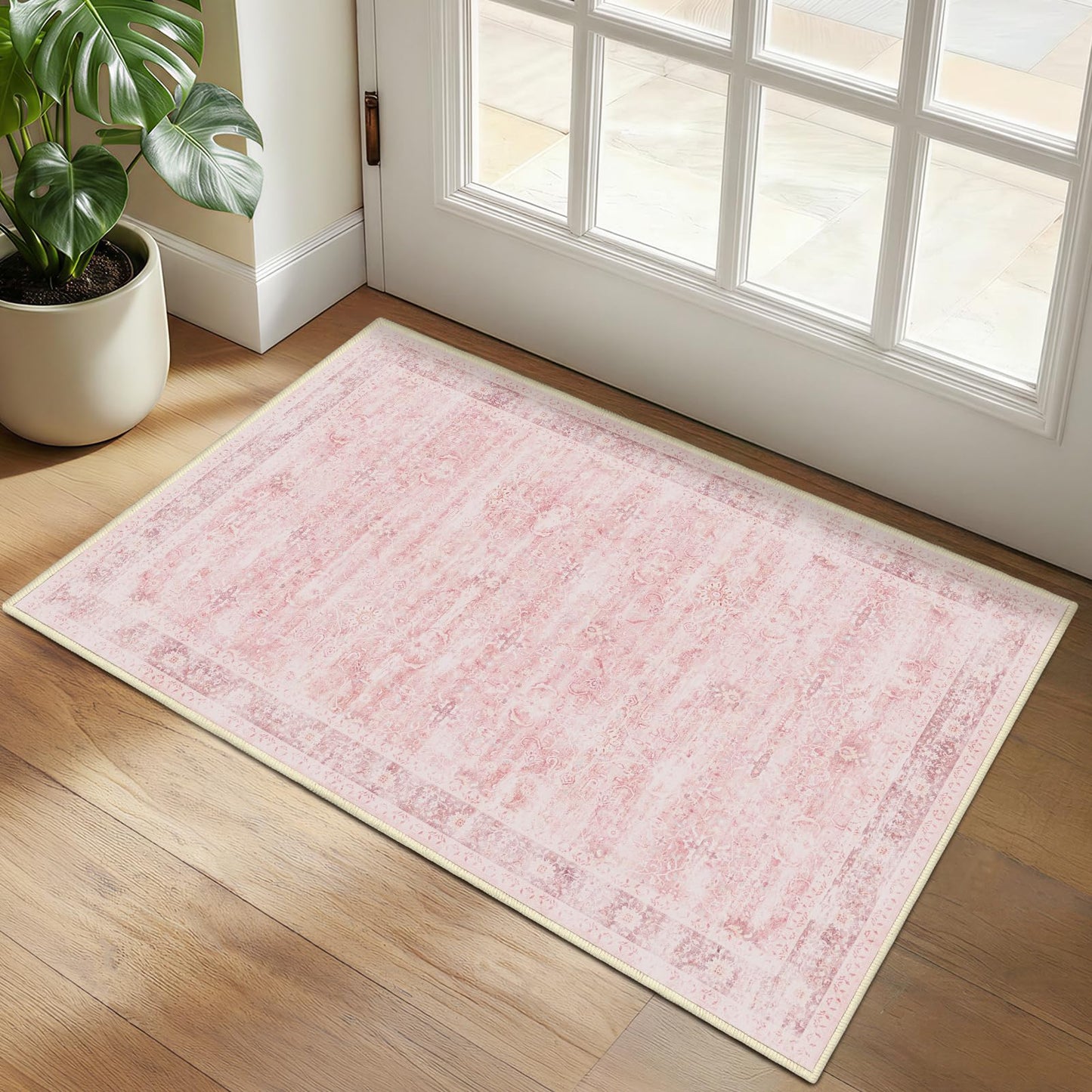 Jainmy Small Pink Rug 2x3, Aesthetic Area Rug for Girls Bedroom Bedside Vanity, Cute Rug for Nursery Kids Room Dorm Washable Non Slip, Low Pile Thin Indoor Door Mats for Entryway Entrance Kitchen