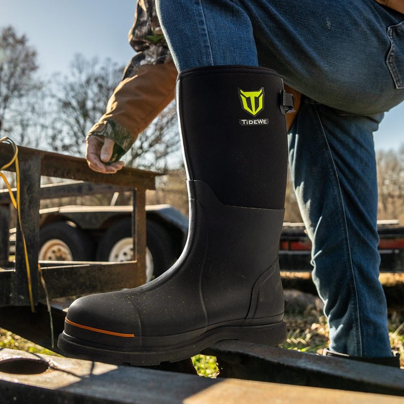 TIDEWE Rubber Work Boot for Men with Steel Toe & Shank, Waterproof Anti Slip Hunting Boot, 6mm Neoprene Hunting Boot for Manufacturing, Construction, Farming, Black, Size 8