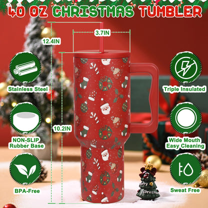 40 oz Christmas Insulated Tumbler with Handle and lid, Vacuum Triple Walled Stainless Steel Travel Mug, Fits for car Cup Holder, Leak Proof, Keep Beverages Cold for 34 Hours (Red Christmas Stars)