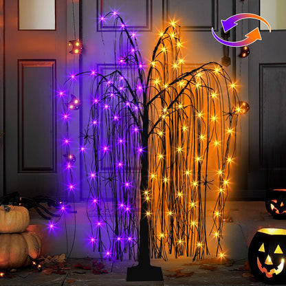 EAMBRITE Halloween Tree 4 FT 180 LED Black Willow Tree with Orange Purple Fairy Lights and Spider Web, Lighted Spooky Artificial Tree for Indoor Outdoor House Home Halloween Decorations