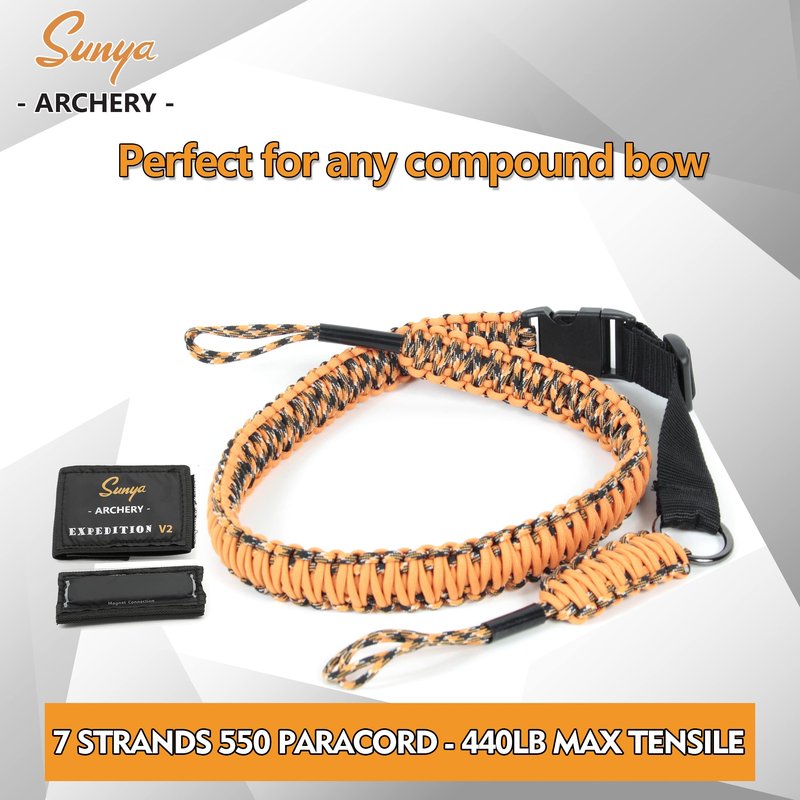 Sunya Paracord Compound Bow Sling with V2 Upgraded Magnetic Connection System. Lightweight Hands Free Shoulder Carrying Sling for Bow Hunting, Field Archery and 3D (Orange Flame Camo)