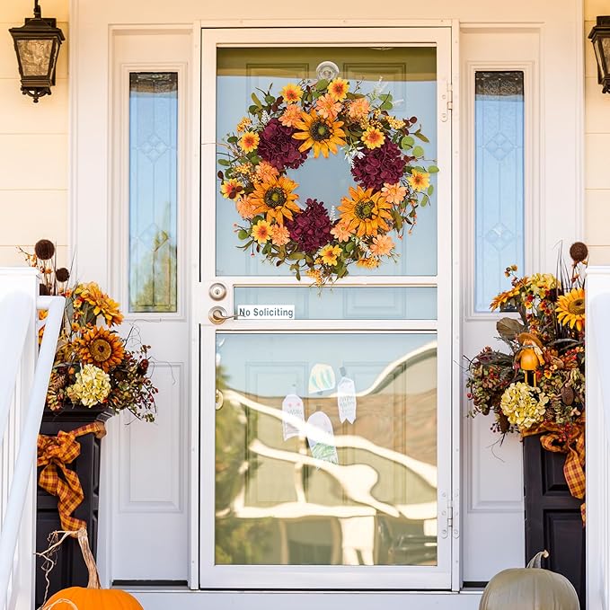 Sunflower Wreaths for Front Door, 24'' Autumn Wreath with Sunflower Hydrangeas & Leaves for Porch Window, Halloween Thanksgiving Wreaths for Home Decor