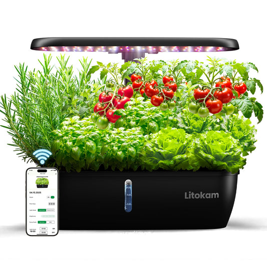 litokam Hydroponics Growing System Kit, 15 Pods Indoor Herb Garden with Smart APP & Quiet Pump, 24W LED Light, Auto Timer, Perfect Indoor Garden for Herbs, Vegetables & Flowers, Ideal for Plant Lovers