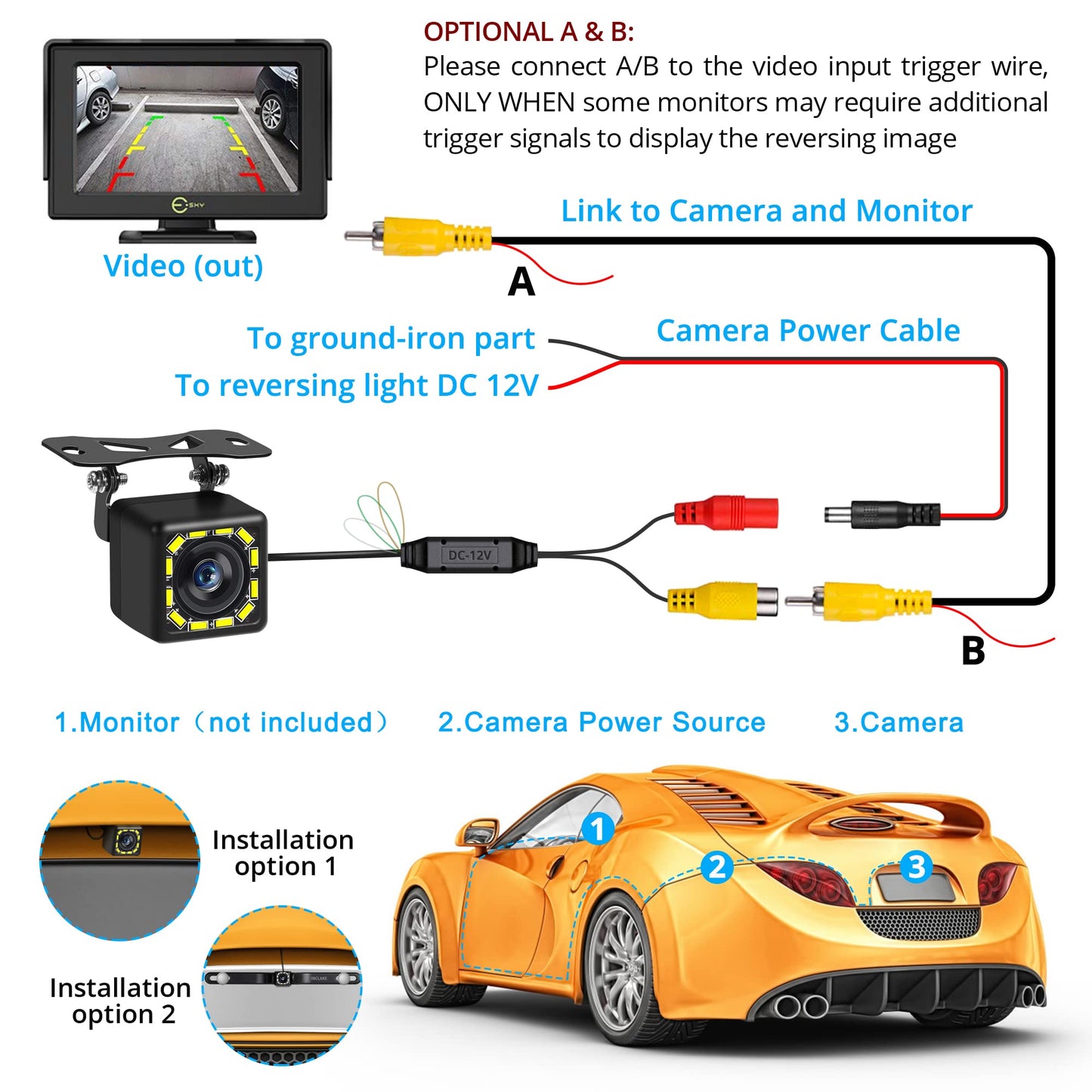 Car Backup Camera, Rear View Camera Ultra HD 12 LED Night Vision,Waterproof Reverse Camera 140° Wide View Angel with Multiple Mount Brackets for Universal Cars,SUV,Trucks,RV and More