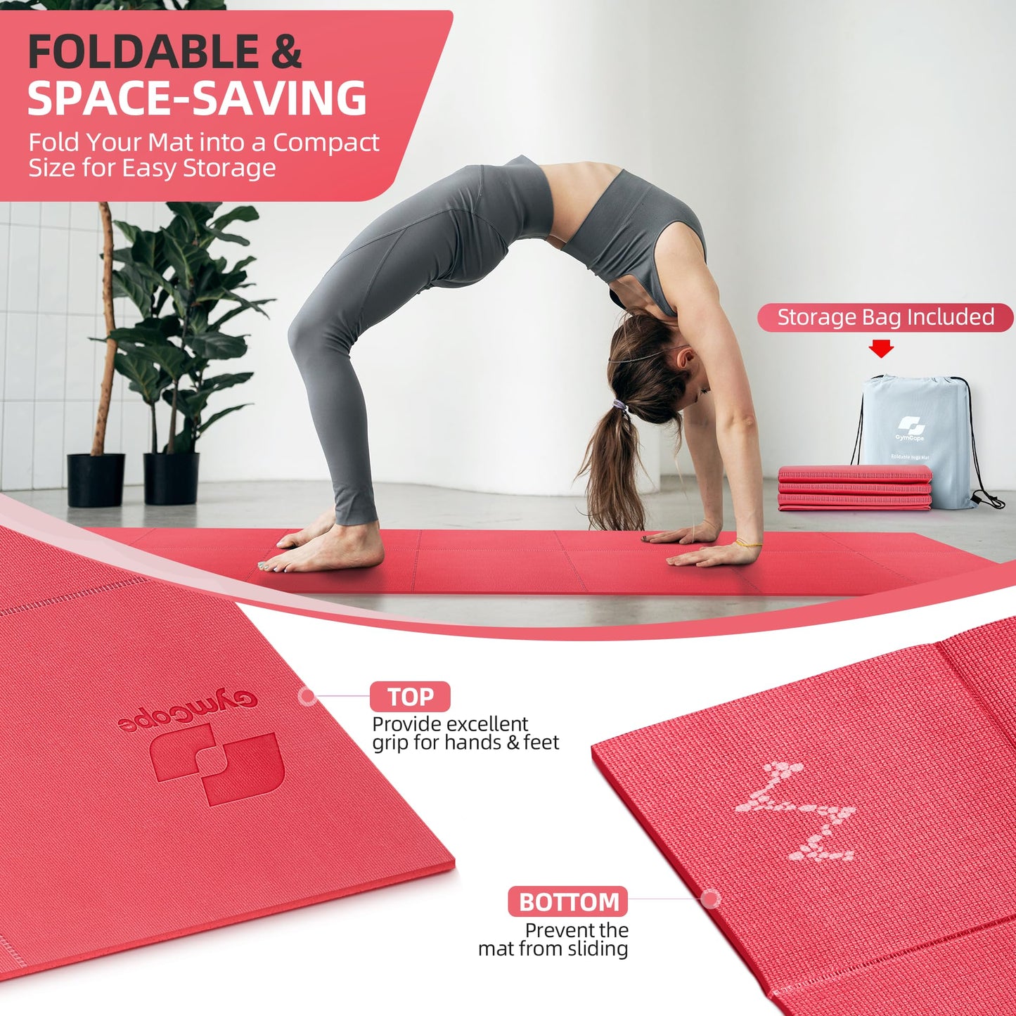 GymCope Foldable Yoga Mat for Travel, 68"x24" Folding Travel Gym Mat for Women Yoga Studio, Packable and Portable Pilates Mat with Storage Bag Easy to Carry, Lightweight Travel Workout Mat, 2mm/4mm