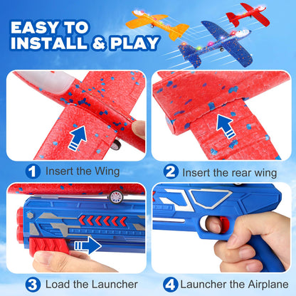3 Pack Airplane Launcher Toy, 12.6" Foam Glider Led Plane, 2 Flight Mode Catapult Plane for Kids Outdoor Sport Flying Toys Gifts for 3 4 5 6 7 8 9 10 12 Year Old Boys Girls