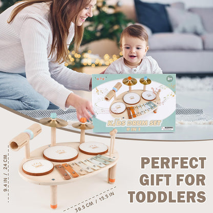 Drum Set - 9 in 1 Musical Instruments for for Toddlers 3+, Wooden Montessori Toys for Boy & Girls Easter Birthday Gifts, Musical Drum Set with Xylophone for Kids 3 4 5 6