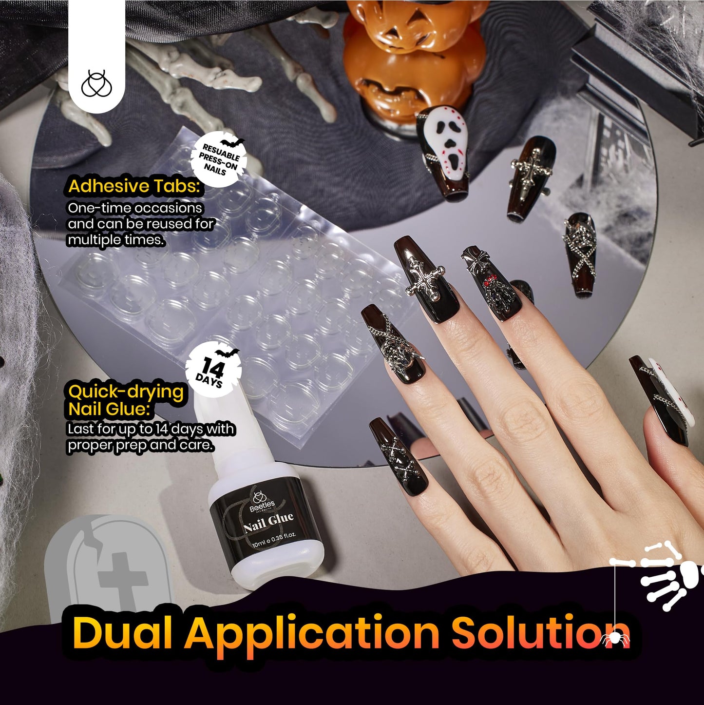 Beetles Halloween Press On Nails - Mystic Glow | Black Long Coffin Halloween Nails | 32Pcs 16 Sizes 3d Skull Cross Design Stick on False Nails With Quick-drying Nail Glue&Cuticle Oill