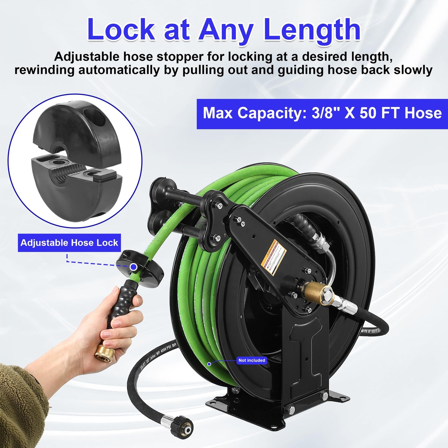 JOEJET Auto-Retractable Pressure Washer Hose Reel, 50FT x 3/8" Heavy Duty Steel Power Washer Hose Reel Dual Arm, 4000 PSI