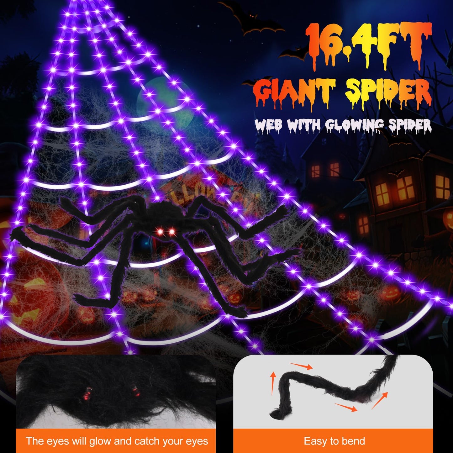 Eossth Spider Webs Halloween Decorations,16.4Ft 8Modes Super Bright 250LED Halloween Lights with Remote Control,49'' Giant Glowing Super-Realistic Spider,Halloween Decorations for Yard,Outside