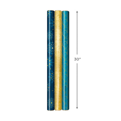 Hallmark Christmas Wrapping Paper Rolls, Metallic Foil Holiday Gift Wrap (Pack of 3: 60 sq. ft. ttl) Elegant Navy Blue and Gold for Christmas, Hanukkah, Weddings, Graduations