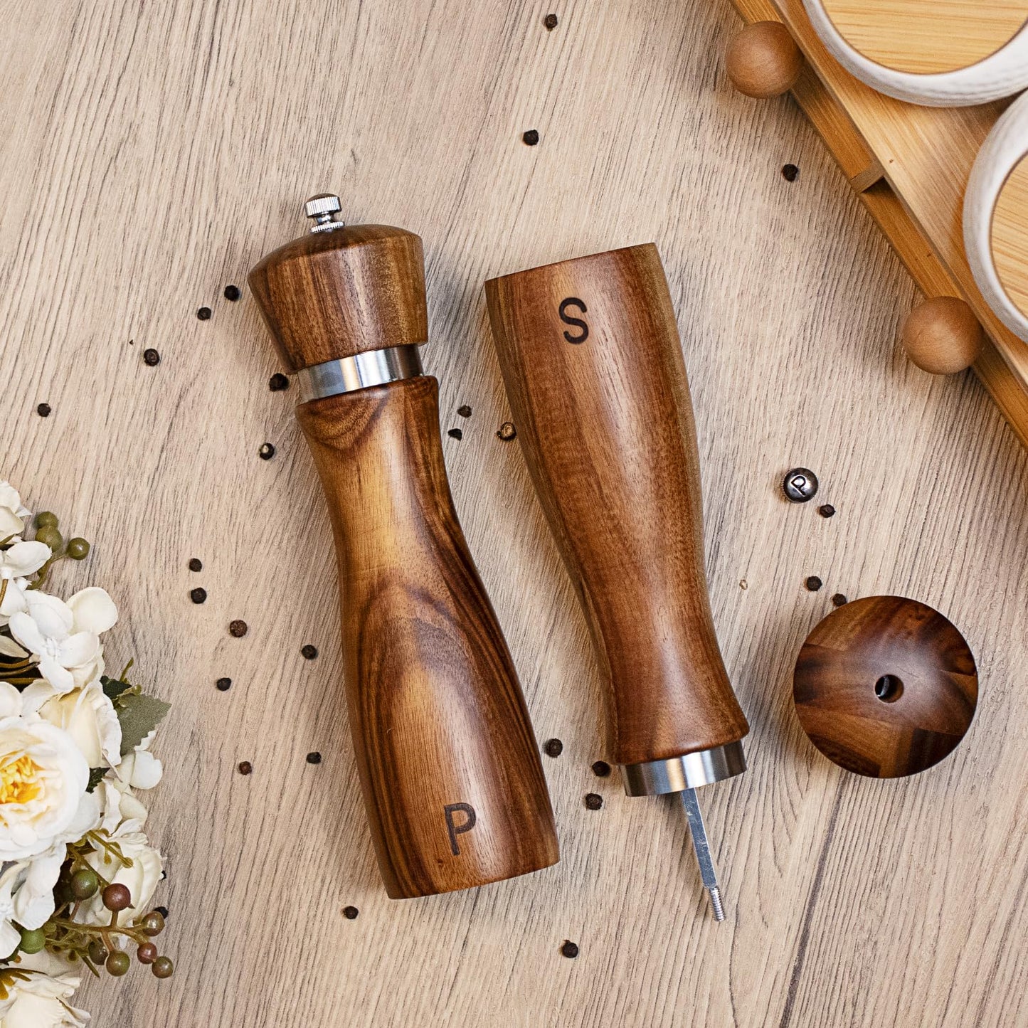 Haomacro Salt and Pepper Grinder Set of 2,8Inch Updated Wooden Pepper Mill Shaker,Modern Oak Wood Salt Mill Pepper Grinder Set Refillable with Adjustable Ceramic Rotor